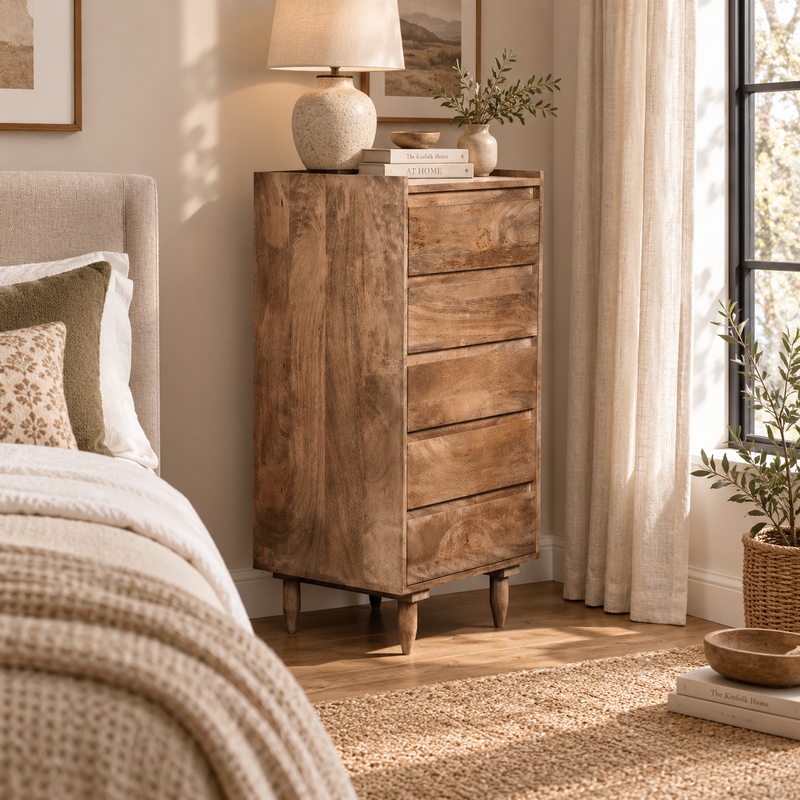 Scandi Mango 5 Drawer Tallboy detail view