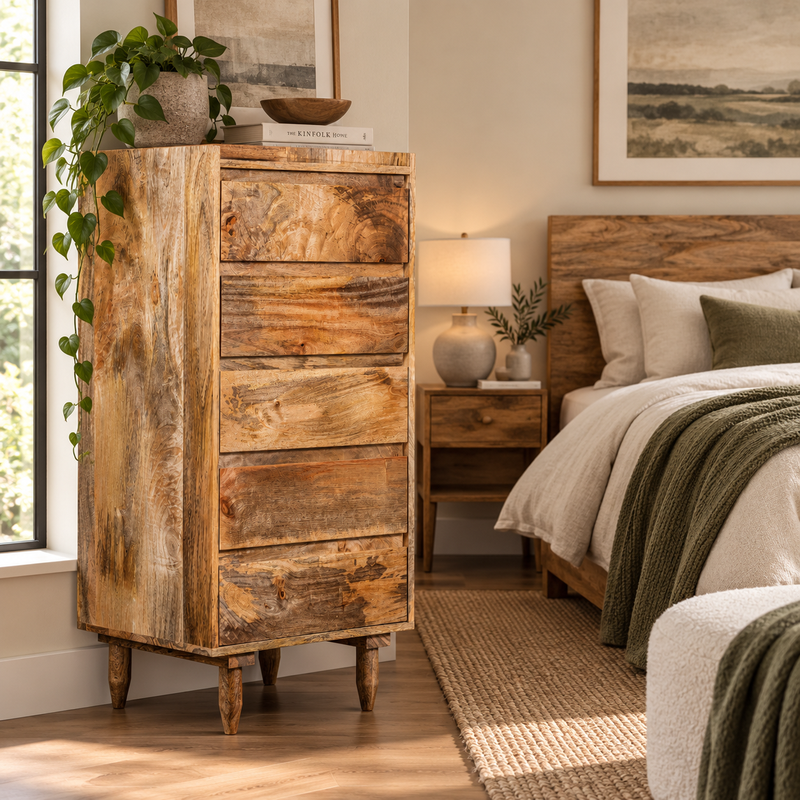 Scandi Mango 5 Drawer Tallboy styled room image